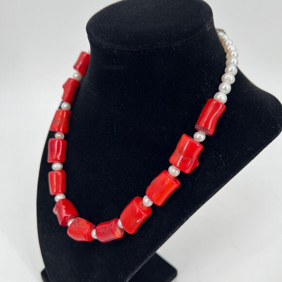 Red Coral Genuine Pearl Necklace Silver Clasp 18 inch Chunky Statement Tropical - Picture 2 of 11